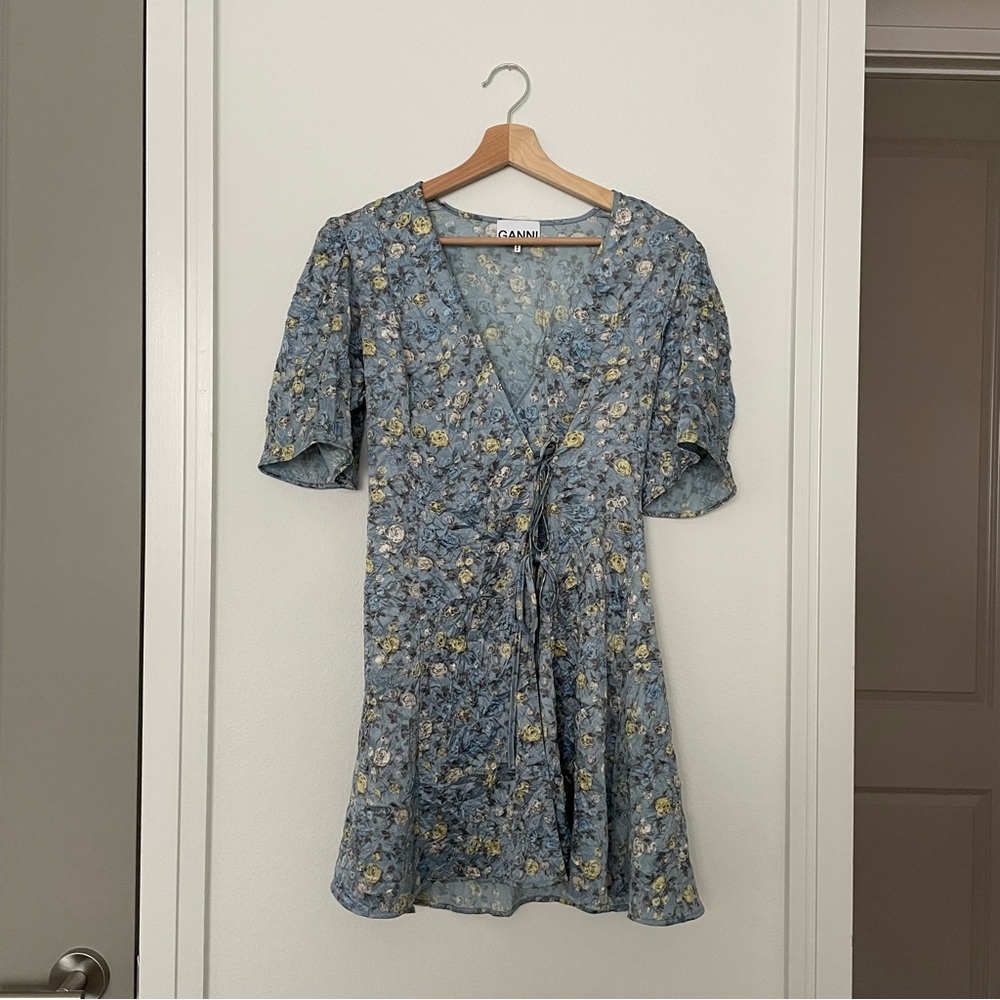 GANNI • floral printed crinkled satin bow wrap dress